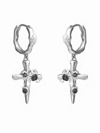 Silver Gothic Cross Dangle Earrings with Rhinestones - Insomnia Artist