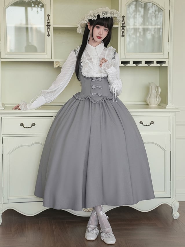 Ruffle Bust Elegant Jumper Lolita Edge Gray Scalloped Classic Under Trimming Skirt Dress