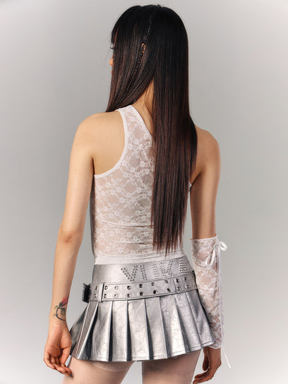 Jacquard Tank Lace Ribbon with Sheer White Tie Floral Top One-Shoulder Sleeves