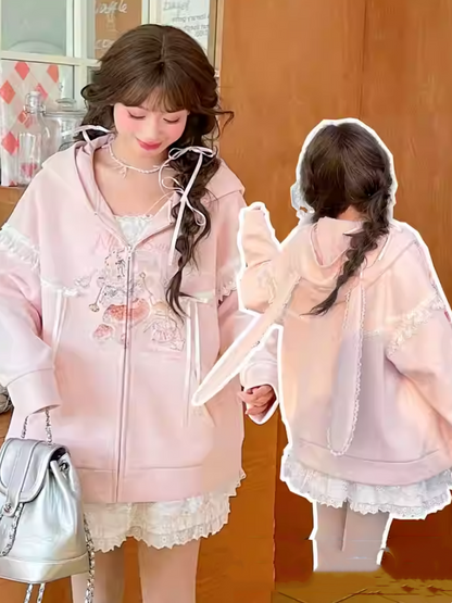 Yume Kawaii Pink Bunny Ear Hood and Bunny Print Zip Closure Hoodie