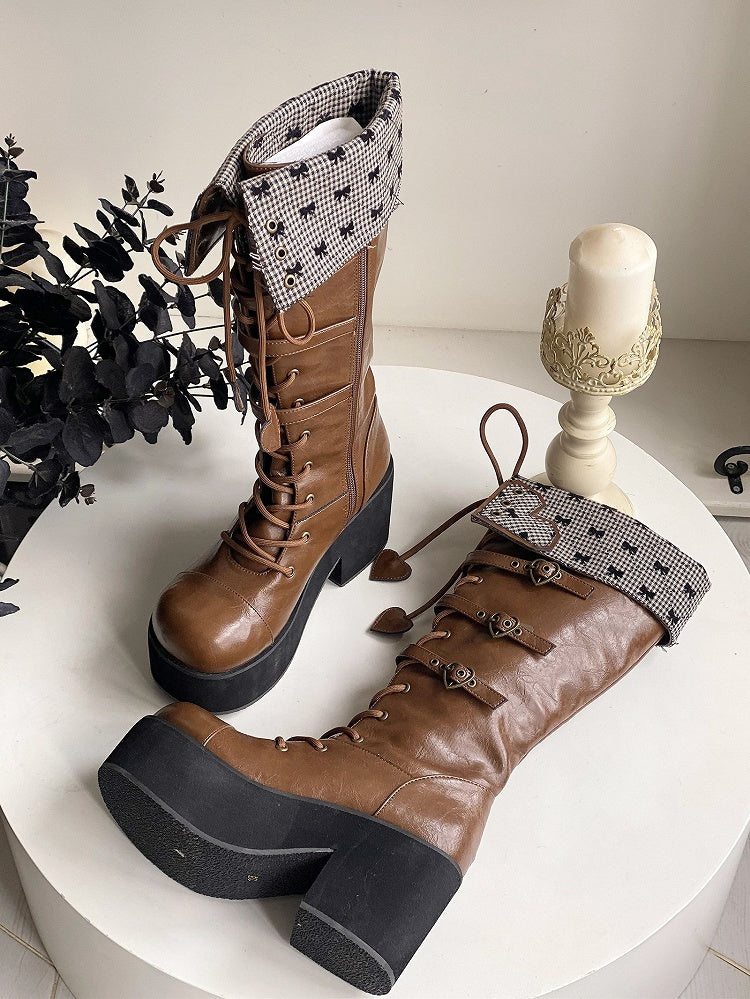 Cuff Heel Caramel Platform Fold-over Boots Block