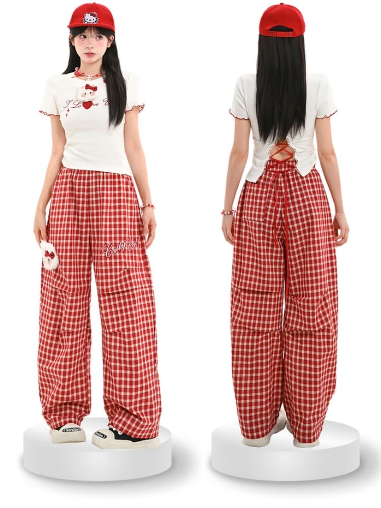 キティのぬいぐるみ付きパンツ（レッドチェック柄）ウエストゴムワイドレッグカジュアル