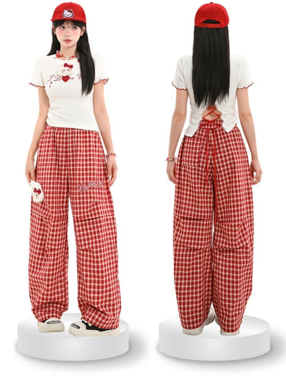 キティのぬいぐるみ付きパンツ（レッドチェック柄）ウエストゴムワイドレッグカジュアル