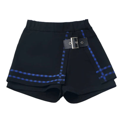 Skort Black Dark with and Buckle PU Plaid Blue