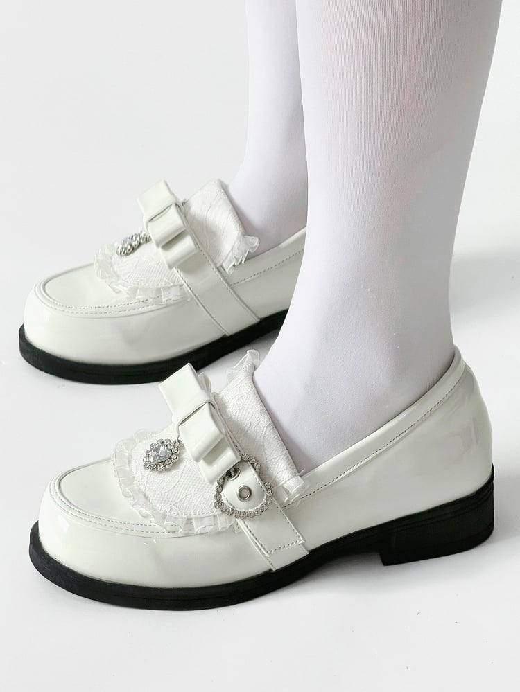 Details Polished Accent White Rhinestone Bow Low-heel PU Heart