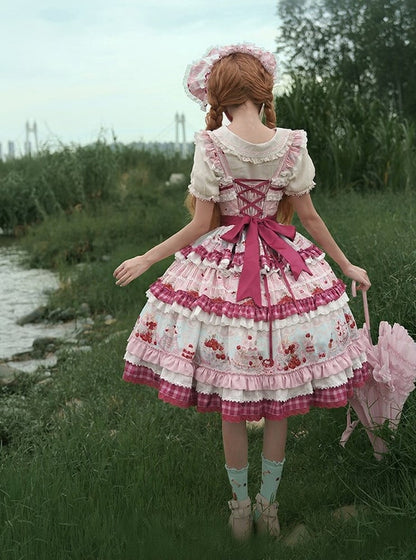 Pink Cherry Cake Print Sweet Lolita Dress with Layered Ruffles - Strawberry Fantasy