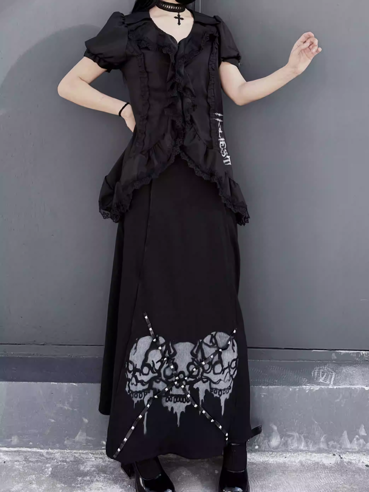 Waist Gothic Black High Skirt Skeleton Print Back Slit Studded