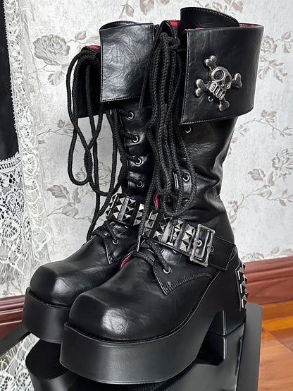 Skeleton Black Gothic Heel Boots Platform Chunky Decor PU -