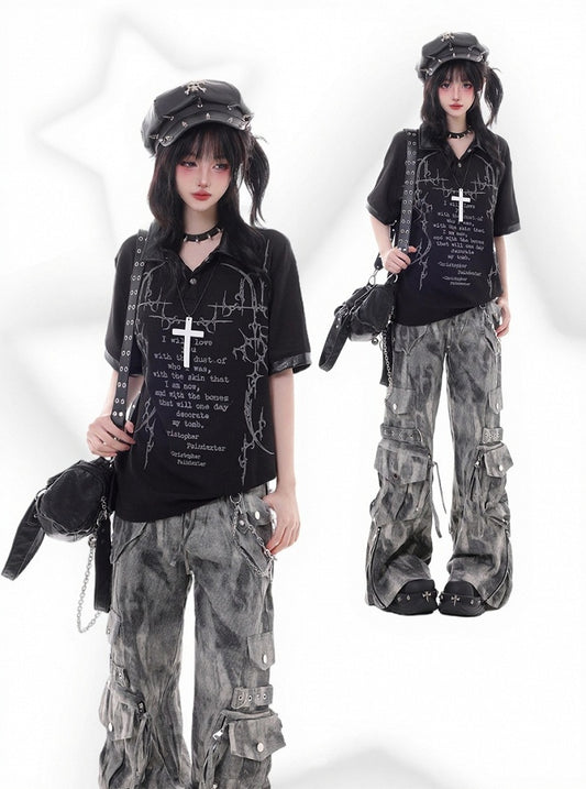 Dark Kawaii Black Polo Collar Short Sleeve Top with Letter Print - KNOW8 Online Shop