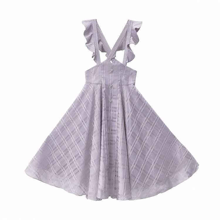 Purple Taro Long Plaid Overall with Version Flutter Sleeves Dress