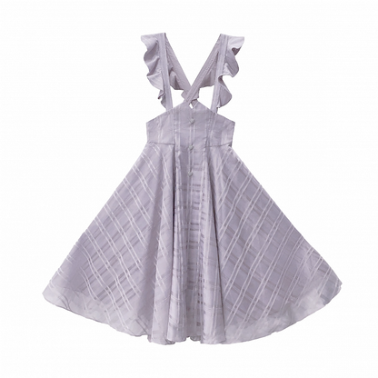 Purple Taro Long Plaid Overall with Version Flutter Sleeves Dress