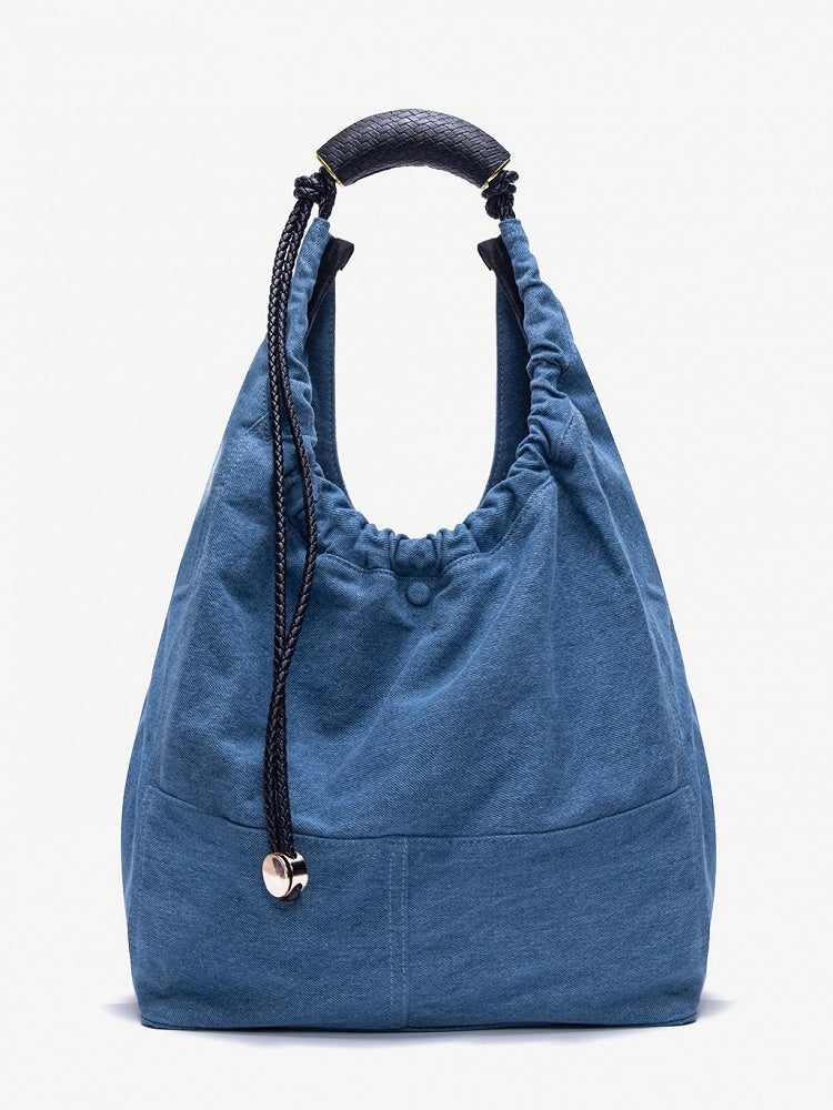 Denim Capacity Tote Shoulder Bag With Adjustable Braided Strap Blue Large