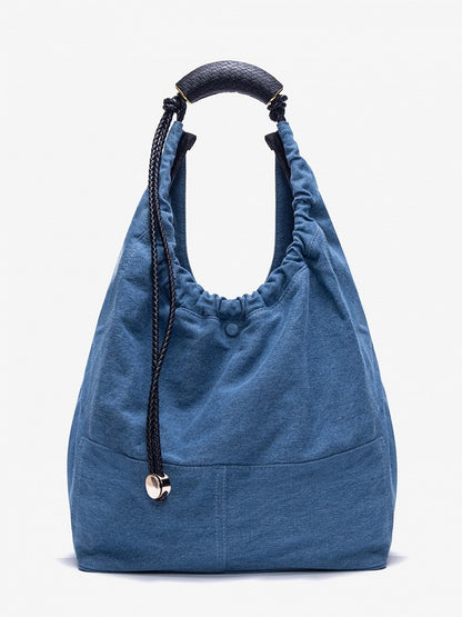 Denim Capacity Tote Shoulder Bag With Adjustable Braided Strap Blue Large