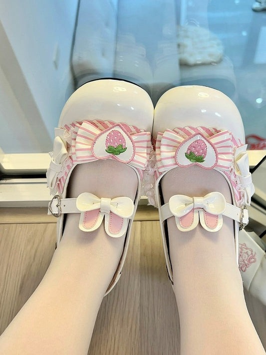 Heels Sweet White Embroidered with Lolita Mid Appliques Strawberry Heart