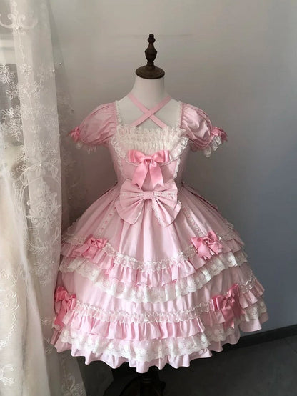 Ärmel Rosa Puff Lolita Schleife Altes Kleid Akzente mit Kurzen Schule