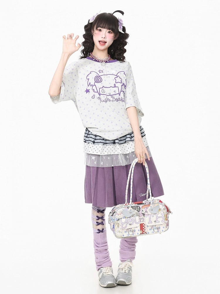 Gray Short Sleeve Tee with Star & Cartoon Girl Design - Languid Park