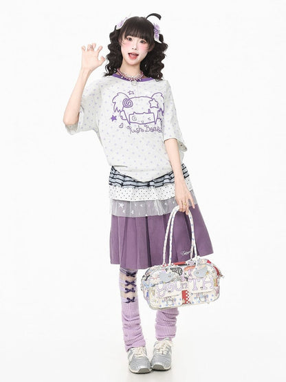Gray Short Sleeve Tee with Star & Cartoon Girl Design - Languid Park