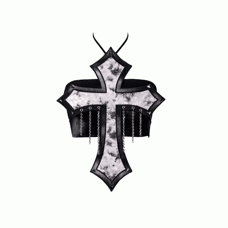 Decorated Cross Strapless Cyberpunk Top Fashion Y3K Chains Futuristic Black  Silver Sequins and
