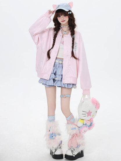 ライトブルー/ピンクのキャッツ スプリング ベースボール ジャケット