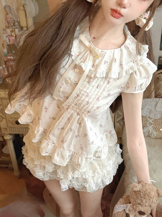 Dollcore Blouse Beige Floral  Ruffle Trim Print With