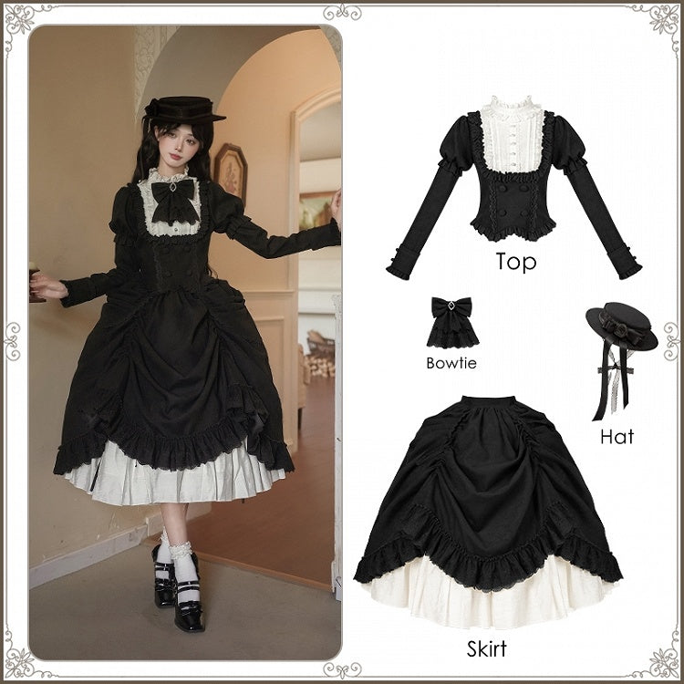 Top Elegant and Classic - Lolita + Set Long Version Juliette Skirt Bowtie White Sleeves Hat Black