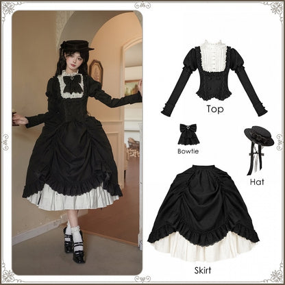 Top Elegant and Classic - Lolita + Set Long Version Juliette Skirt Bowtie White Sleeves Hat Black