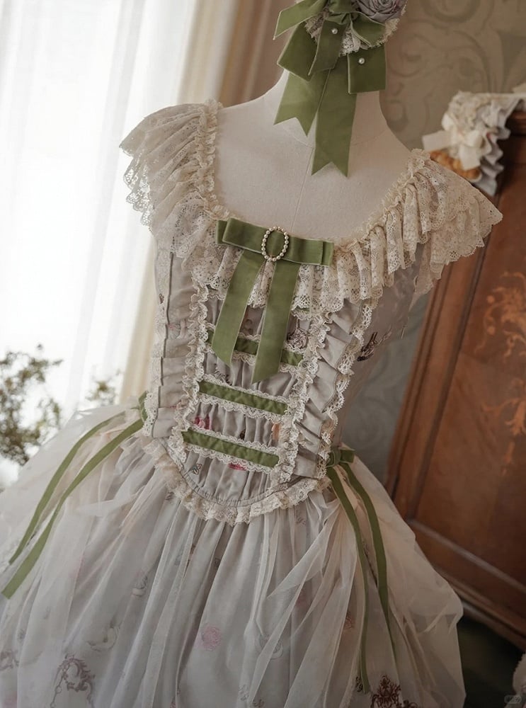 Green Cat Print Lace Ruffles Sweet Lolita JSK Dress with Drawstring Overlay - NyaNya