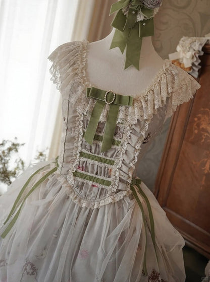 Green Cat Print Lace Ruffles Sweet Lolita JSK Dress with Drawstring Overlay - NyaNya