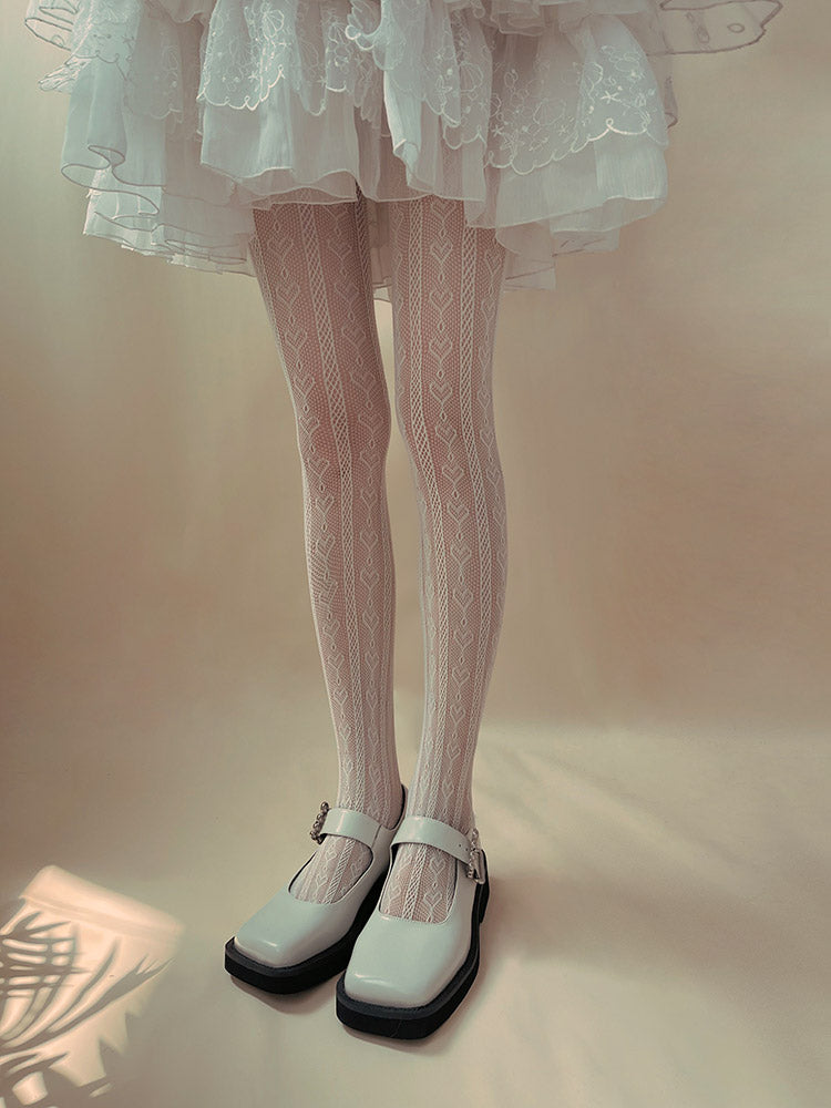 Tights Pattern White/Black Heart Lace