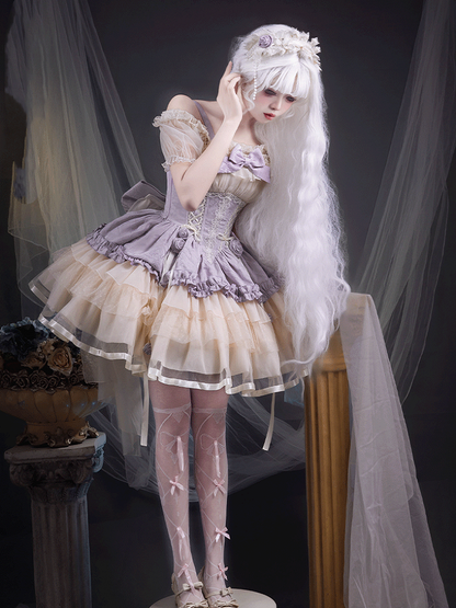 Zug Beige und Lila Großes Korsett Sweet Lolita Balletcore Kleid Taille Schnürung mit Schleife JSK