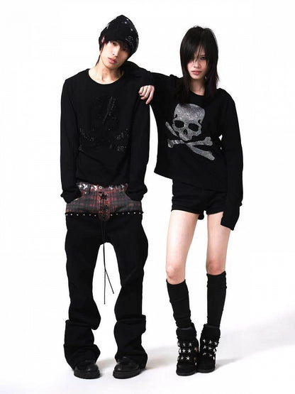 Silver Skull Rhinestone Top with Round Neck and Long Sleeves - DETW OnLine
