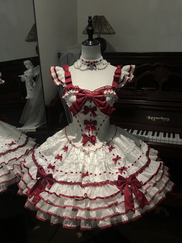 Rüschen Akzente Rock Weiß Schleife Pullover Tiered Prinzessin Rot Lolita