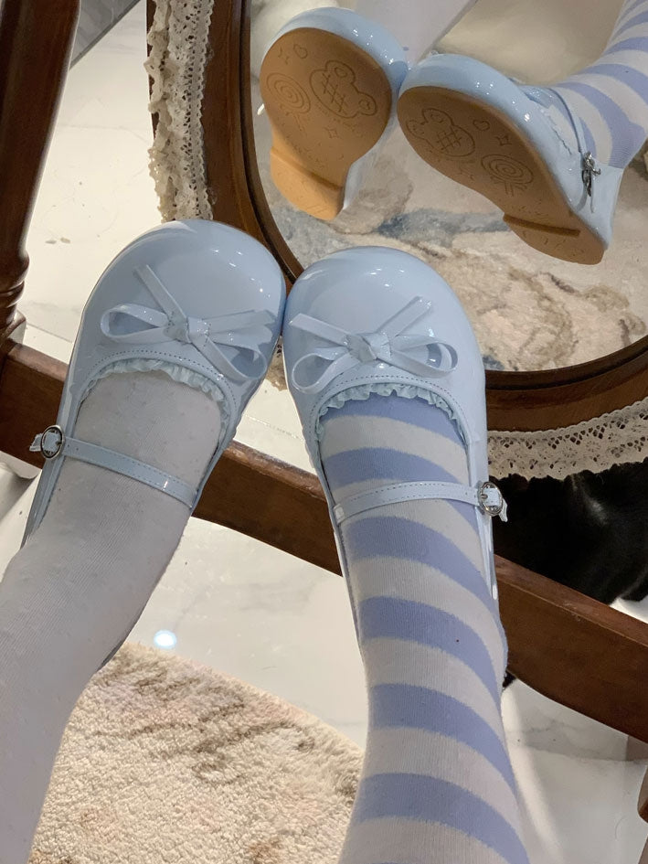 Trim Flats PU Bow Blue Baby at Lace Knotted Leather Sweet Top