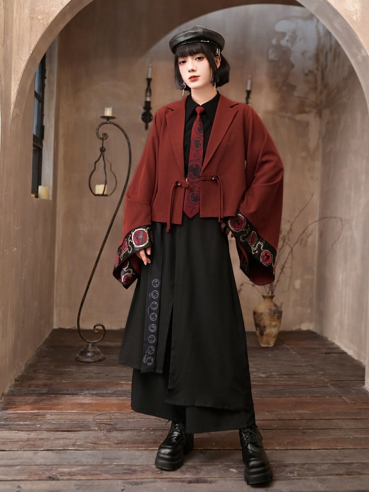 Regular/Thin with Hem Details Bird Ribbon Metal Pants Print Cheongsam Black Asymmetrical Wide-Leg Chain