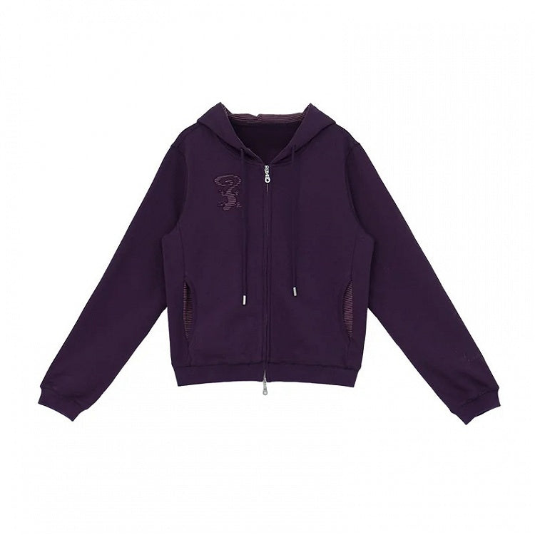 Retro Fall Dark Purple Hooded Zip Jacket with Gecko Motif and Striped Accents - innomoood