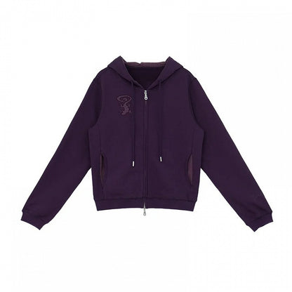 Retro Fall Dark Purple Hooded Zip Jacket with Gecko Motif and Striped Accents - innomoood