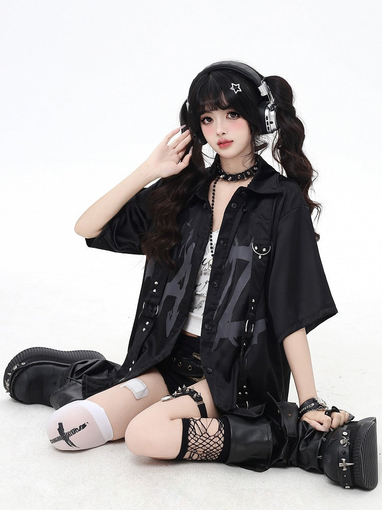 with Shoulder-to-Hem Studded Straps Black Graffiti Gray Shirt Punk Letter