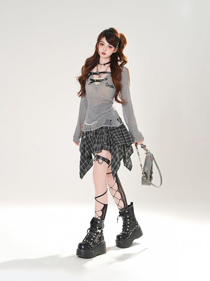 メッシュ ホワイト/グレー ホール Vネック バックルストラップ ダメージ加工