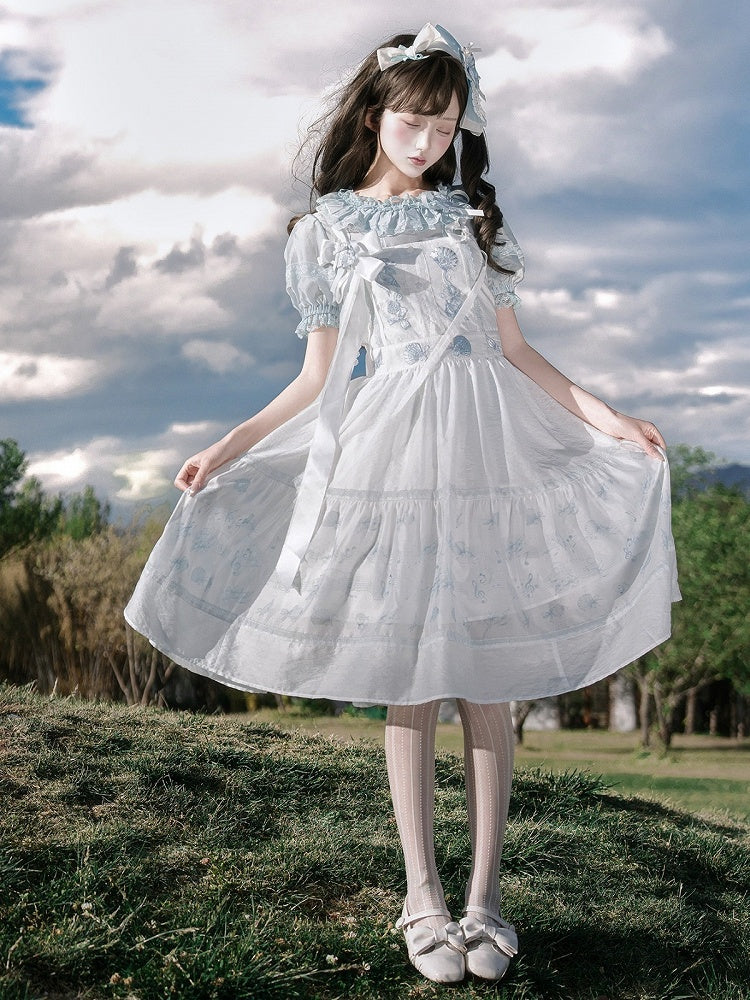 Sleeveless Tie Strap Shell Embroidered Dress in White and Blue - Yimu Walnut