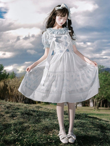 Sleeveless Tie Strap Shell Embroidered Dress in White and Blue - Yimu Walnut