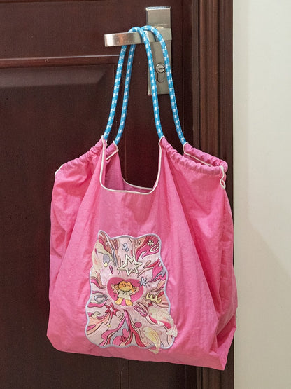 Lucky Charm Pink Large Capacity Tote Bag With Adorable Fortune Cat Embroidery