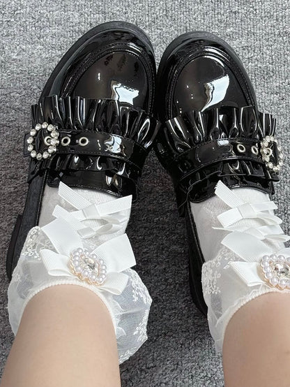 Jirai Detachable Polished Loafers Rhinestone - with Trim Design Black Slip-On Kei Beads And Decor Bow Ruffle