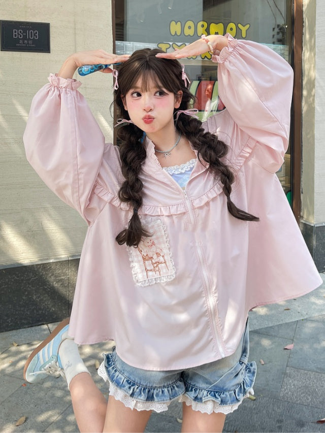 ウサギの耳のデザインフード刺繍アップリケホワイト/ピンクウサギ