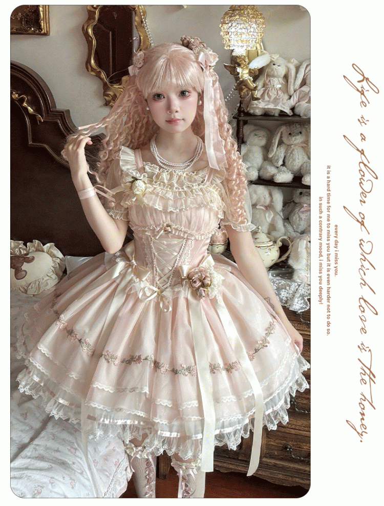 Boned Waist Balletcore Pink Ribbon Decoration Flutter Sweet Bowknots Sleeves JSK Lolita Dress