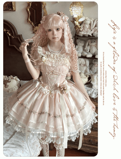 Boned Waist Balletcore Pink Ribbon Decoration Flutter Sweet Bowknots Sleeves JSK Lolita Dress