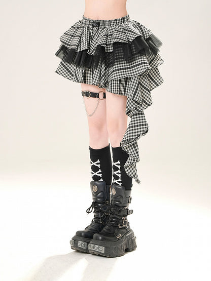 Black Elastic Waist Tiered Plaid Skirt Cascading Ruffle Accent