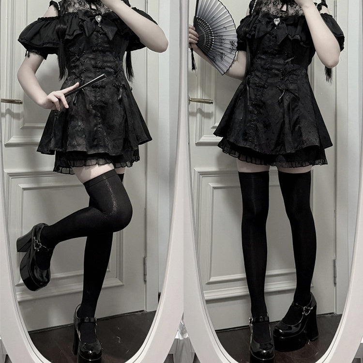 チャイナドレス + イリュージョンジライネックラインミニドレス ボウタイケイショーツセット - ブラックスタイル + ベルスリーブ