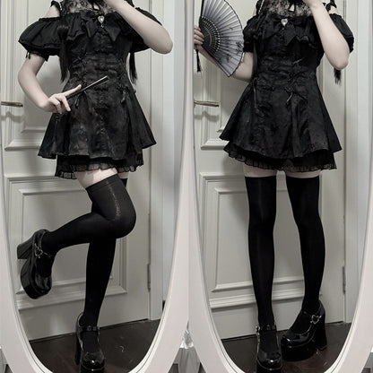 チャイナドレス + イリュージョンジライネックラインミニドレス ボウタイケイショーツセット - ブラックスタイル + ベルスリーブ