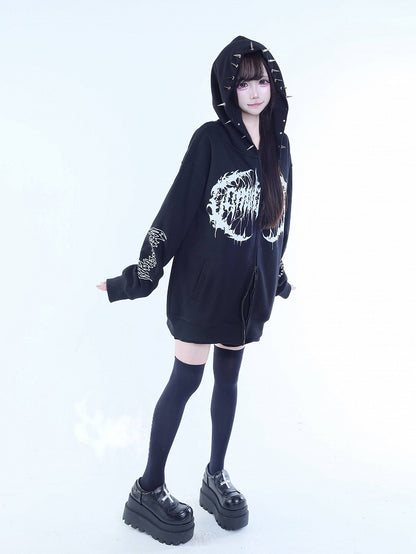 Hoodie Kei Rivet-Decorated Zip Black Jirai White Printed