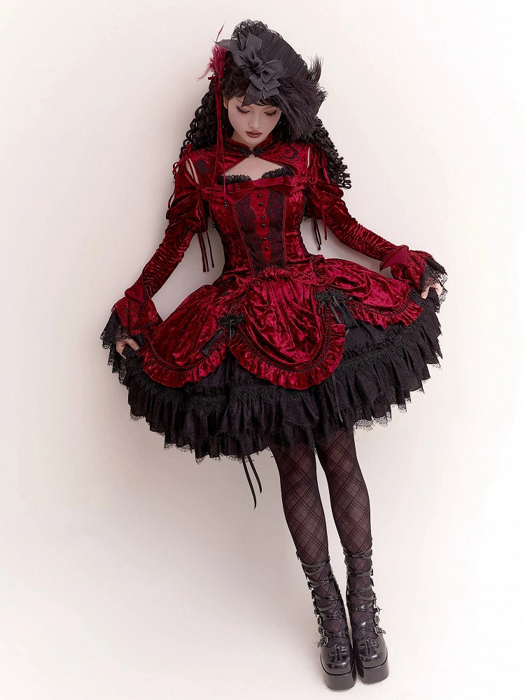 赤いゴシックロリータベルベットタッセルノットボタンドローストリングスカート